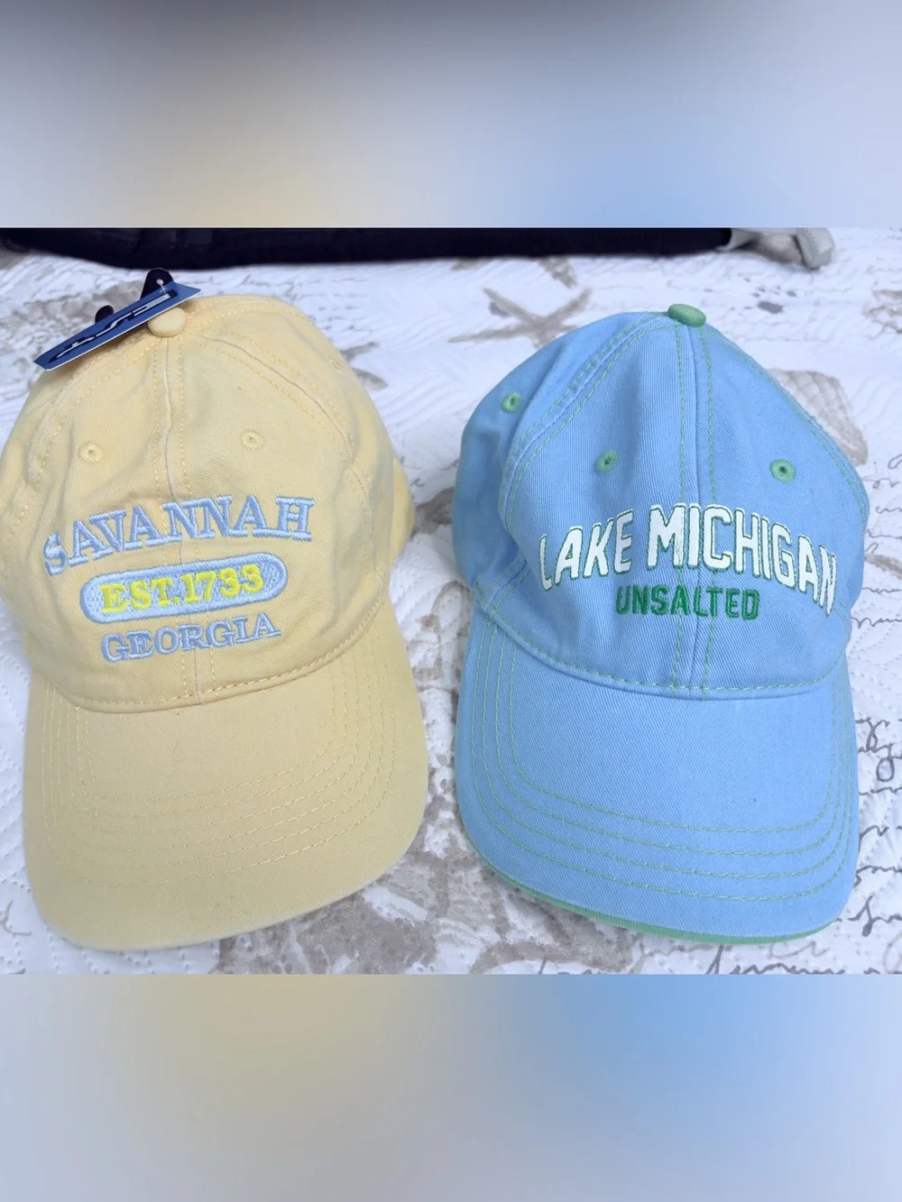 Savannah Georgia Yellow & Lake Michigan Blue Embroidered Caps